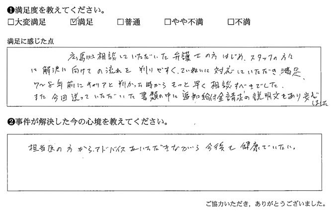 弁護士の方はじめ、スタッフの方々に解決に向けての流れを判りやすく、ていねいに対応して頂き満足